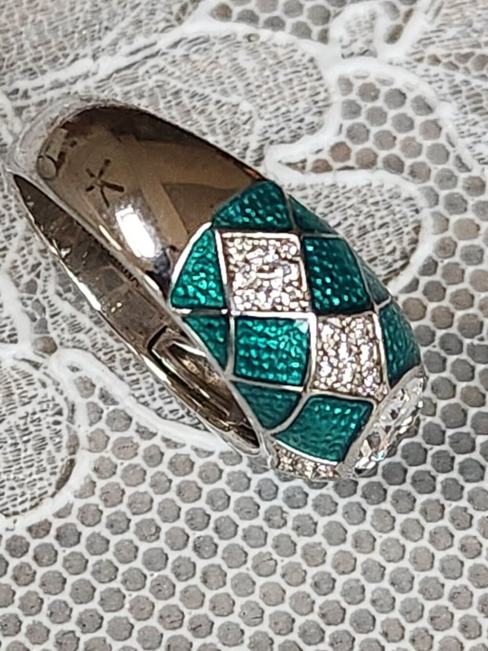 Hidalgo Diamonique Oval Cut CZ Green Enamel Ring 925 Size 9 - geometric pattern! - Picture 13 of 14
